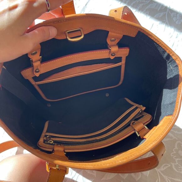 Vintage 90s Dooney & Bourke Cabriolet Red Canvas Tan Leather Bucket Bag Tote - Picture 8 of 13